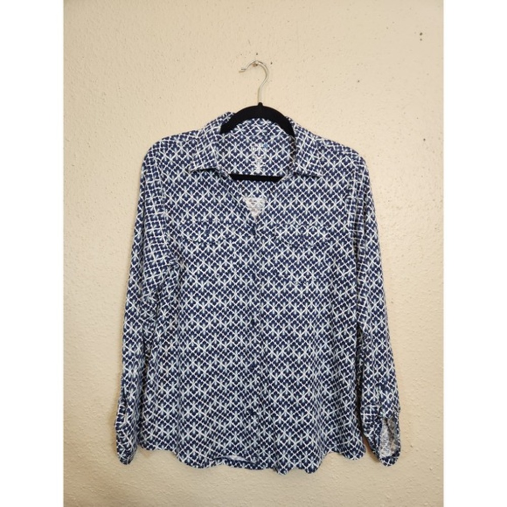 Croft & Barrow Women's Blue Geometric Long Sleeve Button Down Shirt Medium
